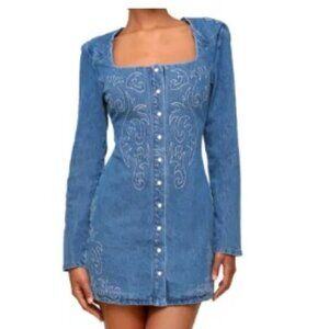 NWT AVEC LES FILLES Blue Denim Embroidered Mini Dress Pearl Buttons Western Girl
